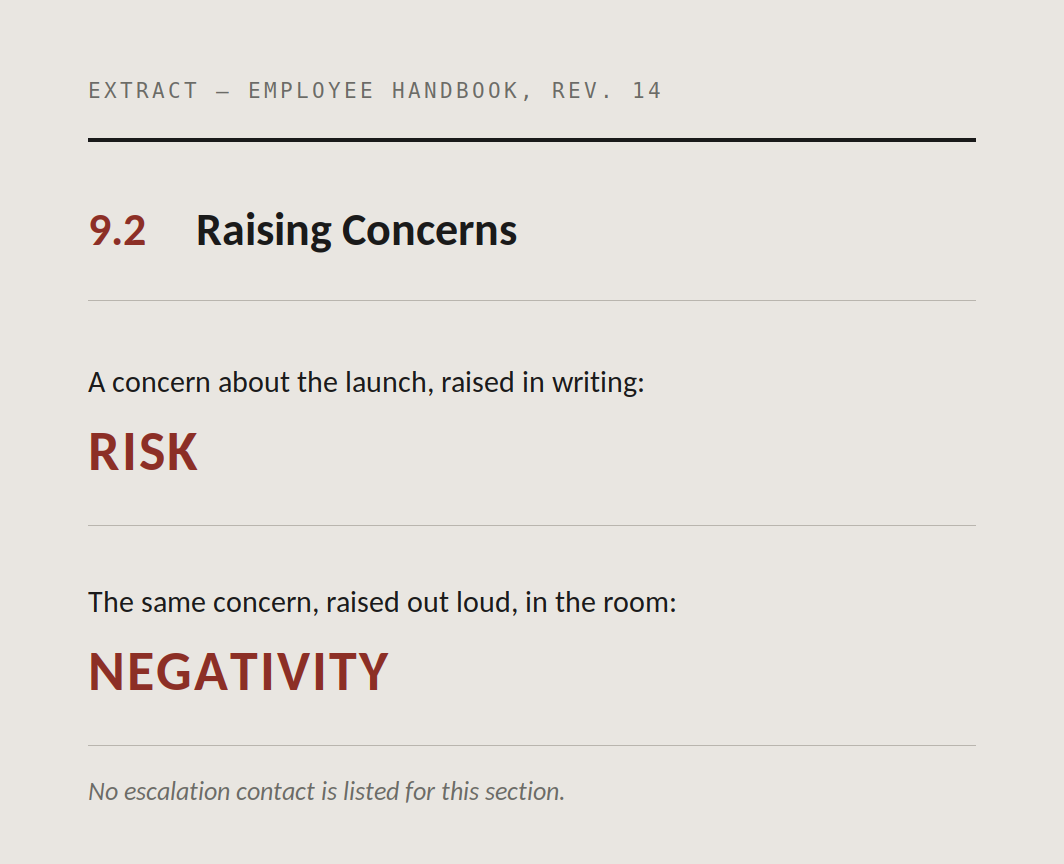 Extract from the employee handbook, revision 14. Section 9.2, Raising Concerns. A concern about the launch, raised in writing: risk. The same concern, raised out loud, in the room: negativity. No escalation contact is listed for this section.